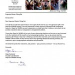 Thank-you letter to Master from Hope for Wildlife Society
