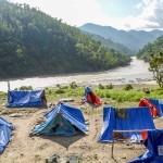 Displaced people living in tents after the floods in Nepal